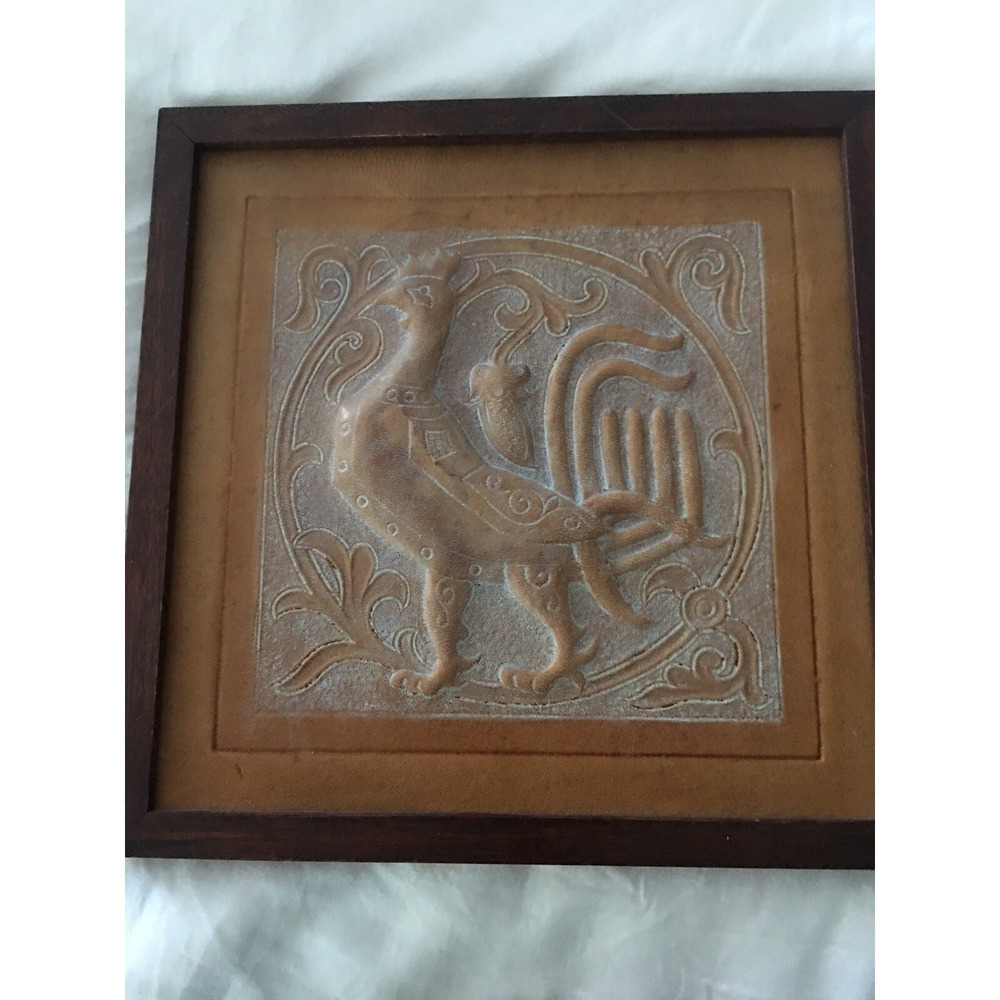 Antique Vintage Tooled Leather Artifax Spain Bird Framed Medieval Castle